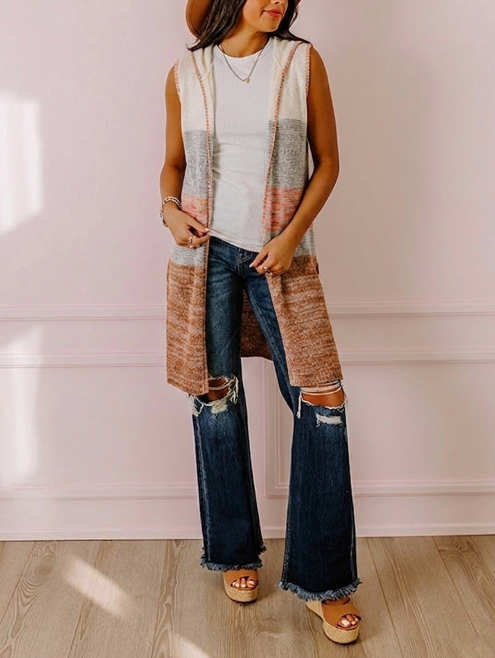 Easel Sleeveless Hooded Duster Cardigan | Colorblock | Size M